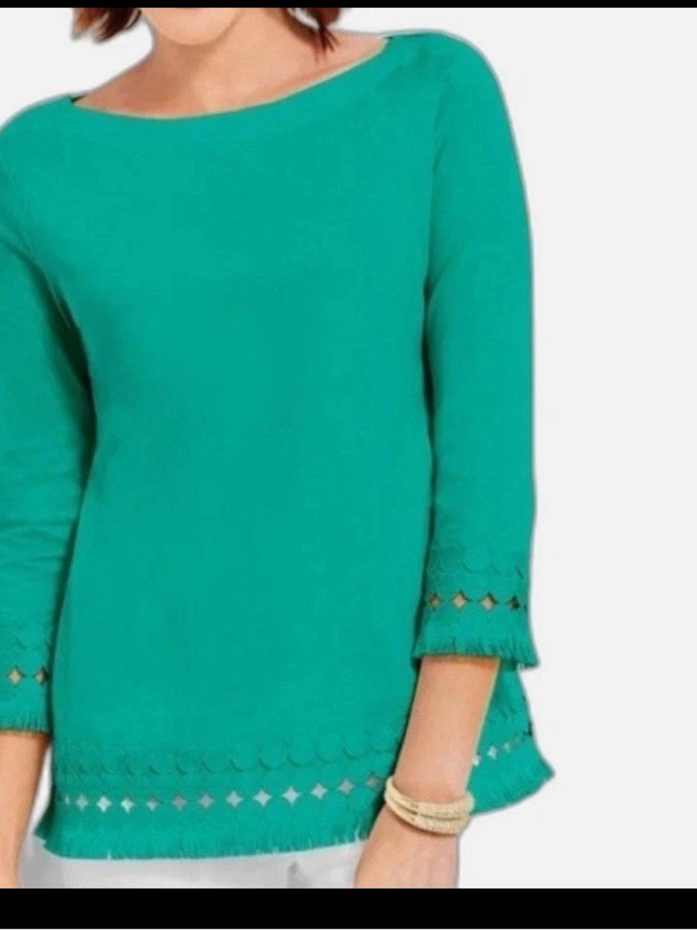 Talbots Teal Boatneck Crochet-Hem Three-Quarter Sleeve Top Pima Cotton
